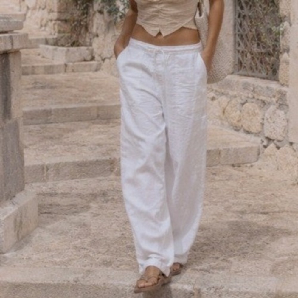 Vintage White Wide Leg Linen Pants 100% Linen tie waist